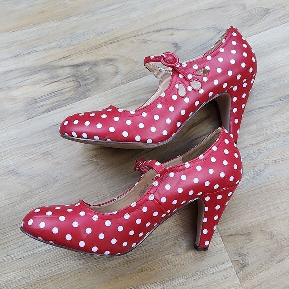 ⛱️J. Adams Red & White Polka Dot Retro Mary Jane Heels Size 8 - Picture 12 of 16